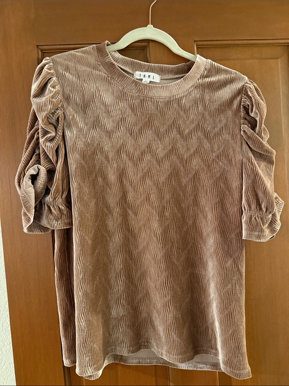 THML Mauve Brown Velvet Puff-Sleeve Top